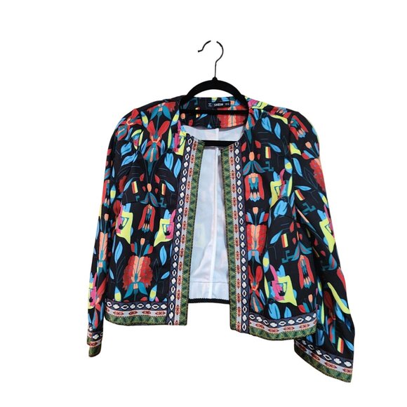 Shein Colorful Bohemian Open Front Jacket With Geometric & Floral Print - Picture 1 of 3